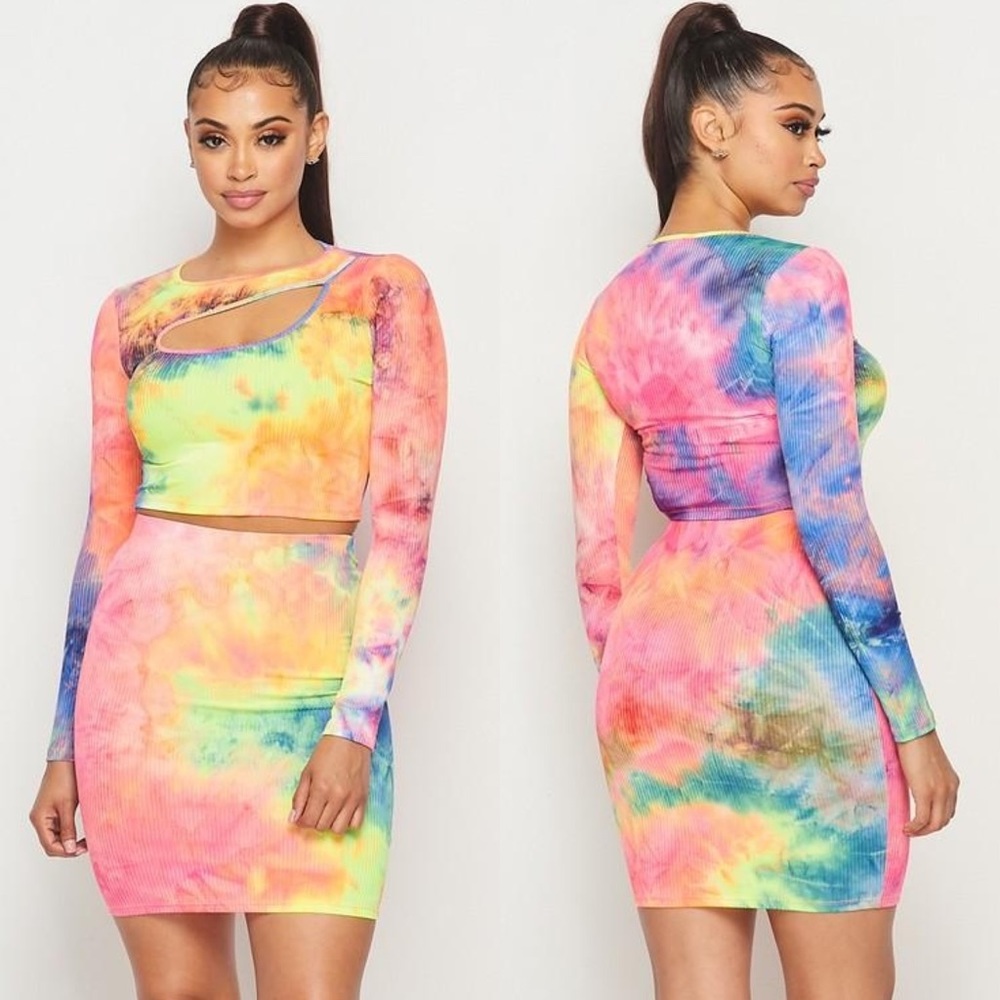🩷💙💛 Tie Dye Soft Ribbed Two Piece Crop & Skirt Set (B)